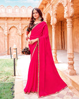 Vishal Prints Pinkish Red Designer Organza Saree With Diamond Work And Embroidery Cut Work Border (With Matching Potli Bag)