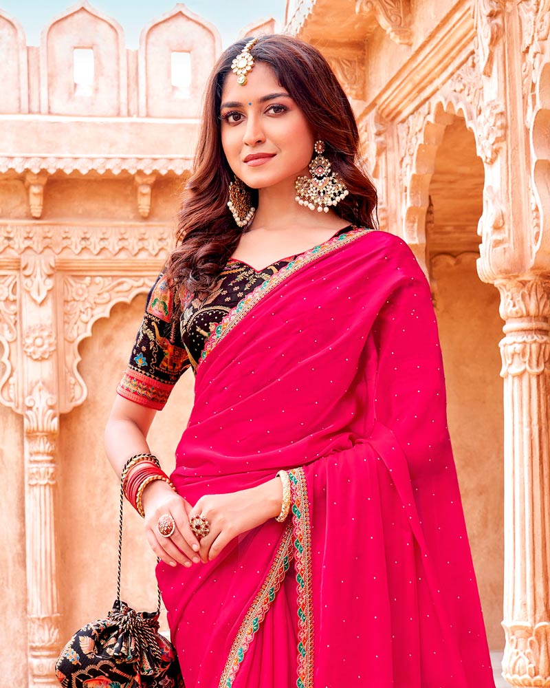 Vishal Prints Pinkish Red Designer Organza Saree With Diamond Work And Embroidery Cut Work Border (With Matching Potli Bag)