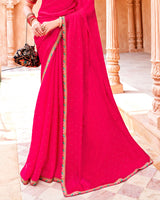 Vishal Prints Pinkish Red Designer Organza Saree With Diamond Work And Embroidery Cut Work Border (With Matching Potli Bag)