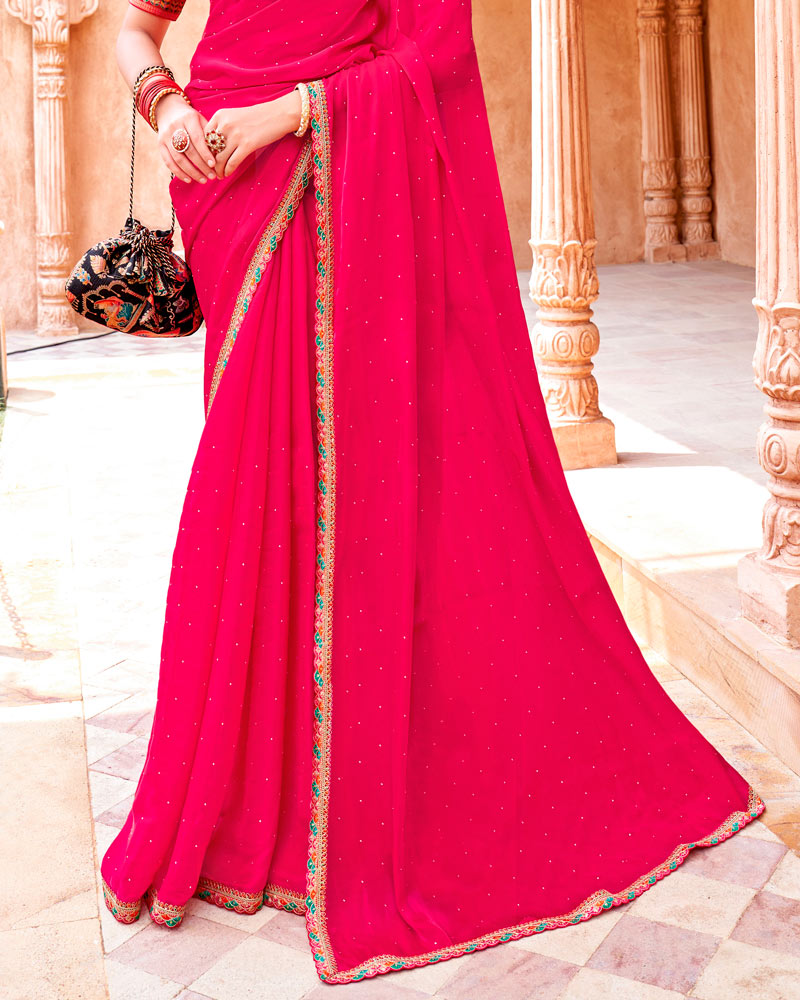 Vishal Prints Pinkish Red Designer Organza Saree With Diamond Work And Embroidery Cut Work Border (With Matching Potli Bag)