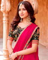 Vishal Prints Pinkish Red Designer Organza Saree With Diamond Work And Embroidery Cut Work Border (With Matching Potli Bag)