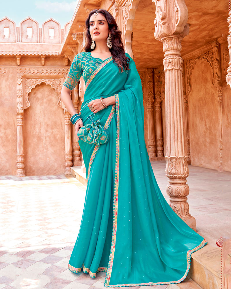 Vishal Prints Fountain Blue Designer Organza Saree With Diamond Work And Embroidery Cut Work Border (With Matching Potli Bag)