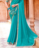 Vishal Prints Fountain Blue Designer Organza Saree With Diamond Work And Embroidery Cut Work Border (With Matching Potli Bag)