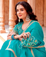 Vishal Prints Fountain Blue Designer Organza Saree With Diamond Work And Embroidery Cut Work Border (With Matching Potli Bag)