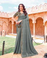 Vishal Prints Natural Grey Designer Organza Saree With Diamond Work And Embroidery Cut Work Border (With Matching Potli Bag)