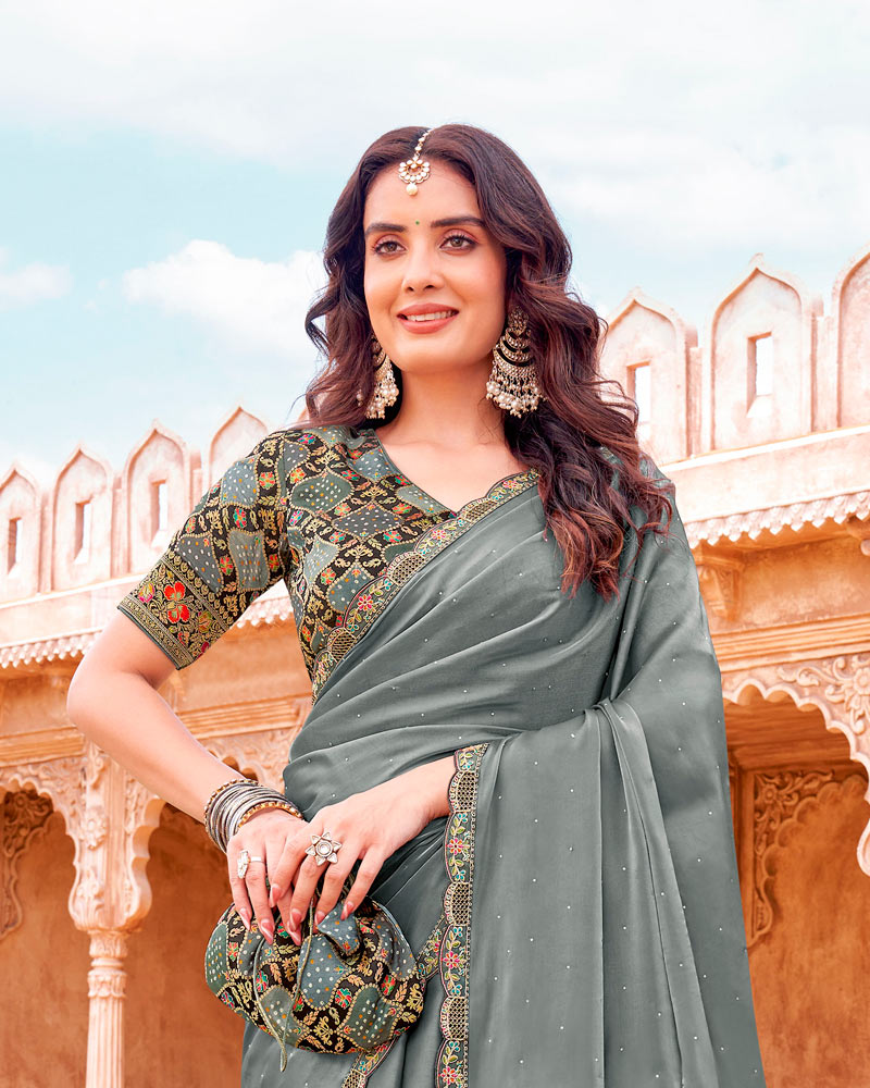 Vishal Prints Natural Grey Designer Organza Saree With Diamond Work And Embroidery Cut Work Border (With Matching Potli Bag)