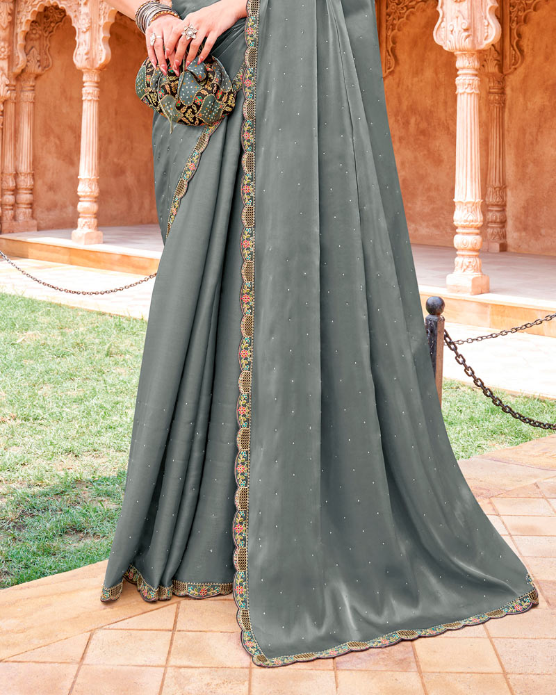 Vishal Prints Natural Grey Designer Organza Saree With Diamond Work And Embroidery Cut Work Border (With Matching Potli Bag)