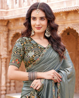 Vishal Prints Natural Grey Designer Organza Saree With Diamond Work And Embroidery Cut Work Border (With Matching Potli Bag)