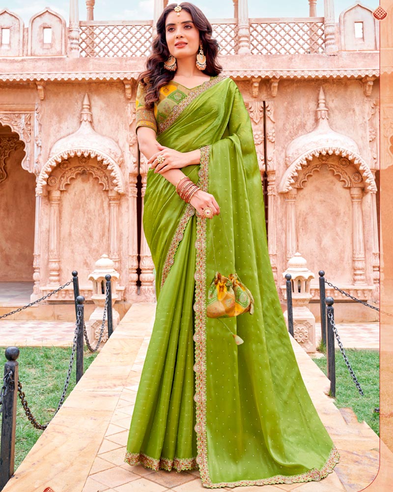 Vishal Prints Light Olive Green Designer Organza Saree With Diamond Work And Embroidery Cut Work Border (With Matching Potli Bag)