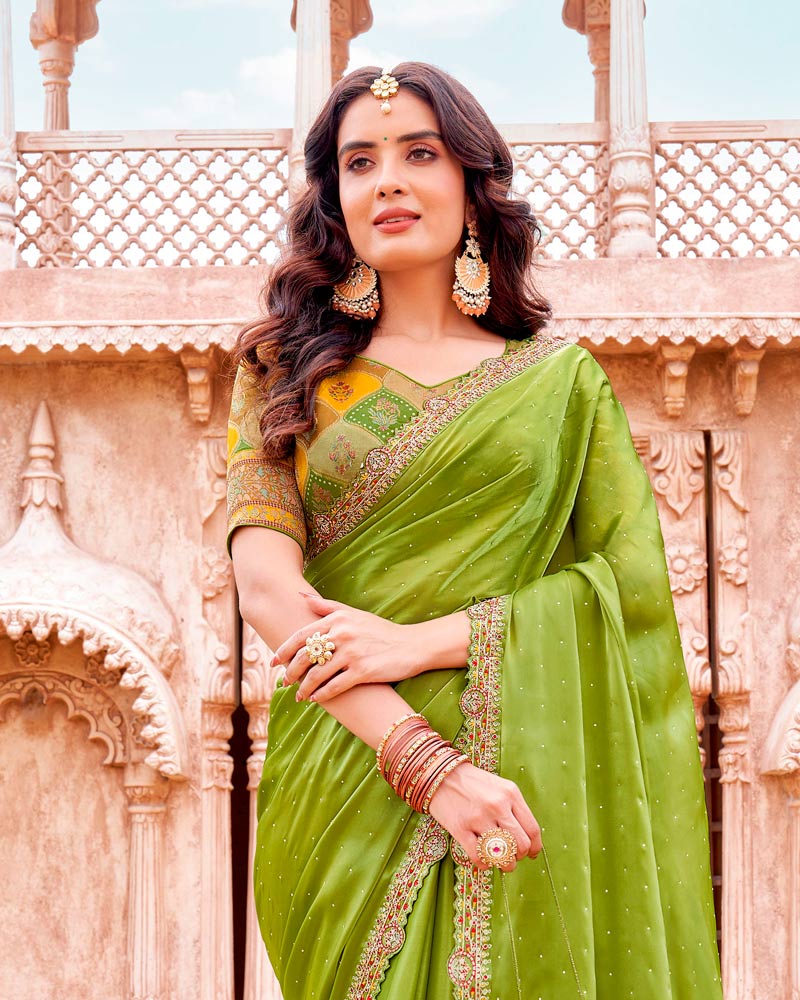 Vishal Prints Light Olive Green Designer Organza Saree With Diamond Work And Embroidery Cut Work Border (With Matching Potli Bag)