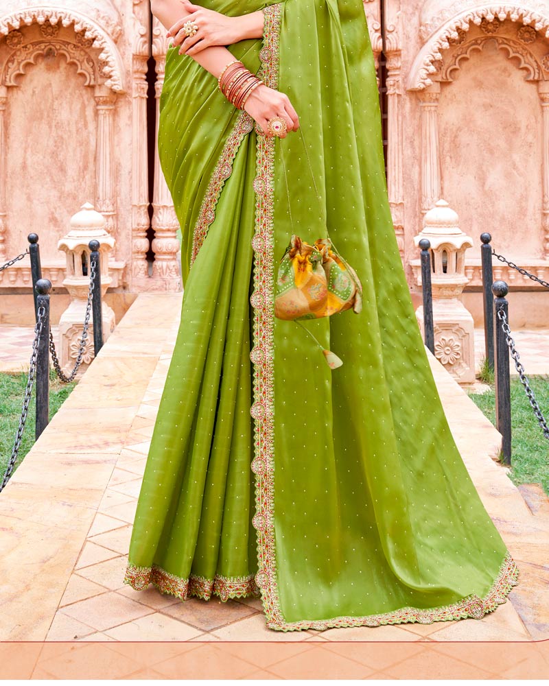 Vishal Prints Light Olive Green Designer Organza Saree With Diamond Work And Embroidery Cut Work Border (With Matching Potli Bag)