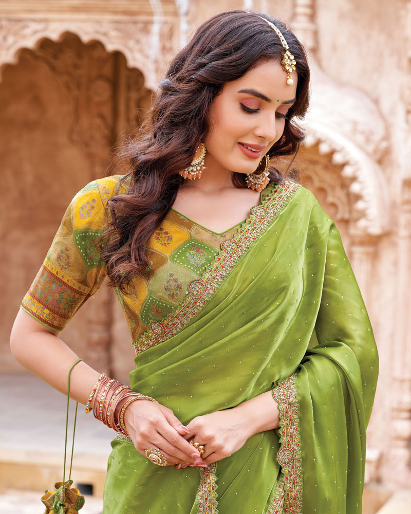 Vishal Prints Light Olive Green Designer Organza Saree With Diamond Work And Embroidery Cut Work Border (With Matching Potli Bag)