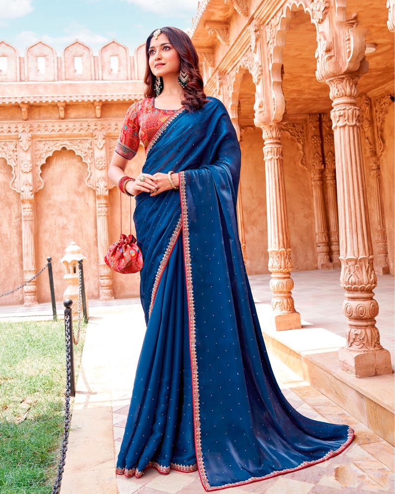 Vishal Prints Regal Blue Designer Organza Saree With Diamond Work And Embroidery Cut Work Border (With Matching Potli Bag)