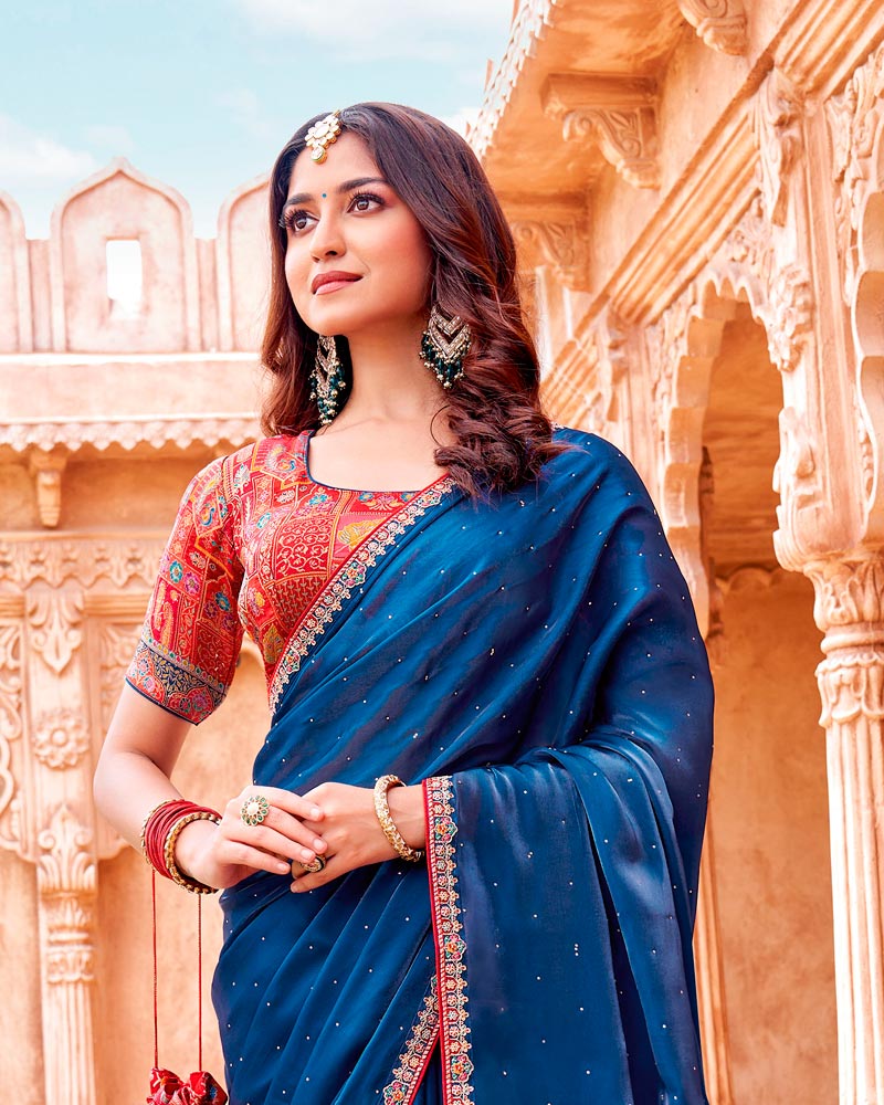 Vishal Prints Regal Blue Designer Organza Saree With Diamond Work And Embroidery Cut Work Border (With Matching Potli Bag)