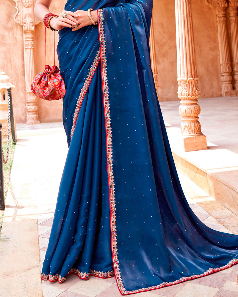 Vishal Prints Regal Blue Designer Organza Saree With Diamond Work And Embroidery Cut Work Border (With Matching Potli Bag)