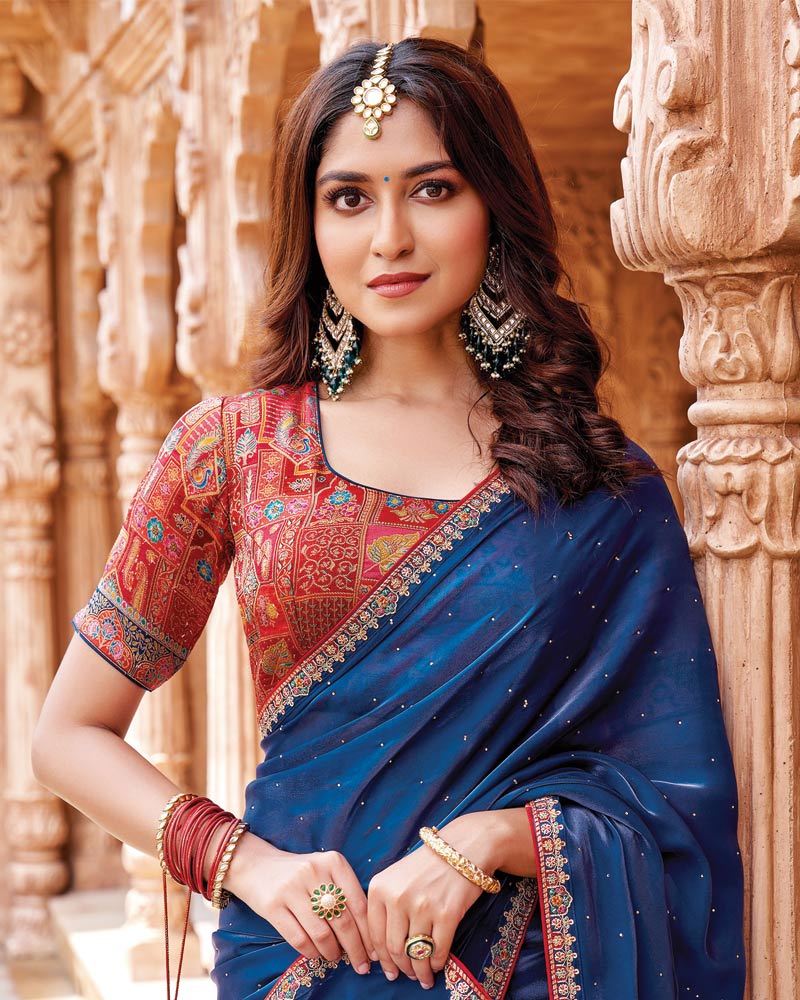 Vishal Prints Regal Blue Designer Organza Saree With Diamond Work And Embroidery Cut Work Border (With Matching Potli Bag)