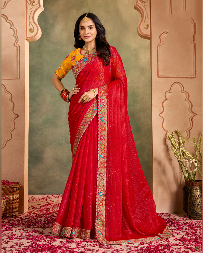 Vishal Prints Venetian Red Designer Shimmer-Chiffon Traditional Saree With Diamond Work And Fancy Embroidery Border