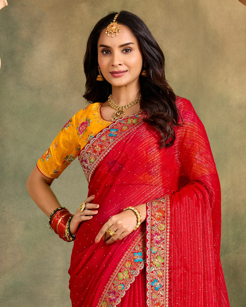 Vishal Prints Venetian Red Designer Shimmer-Chiffon Traditional Saree With Diamond Work And Fancy Embroidery Border