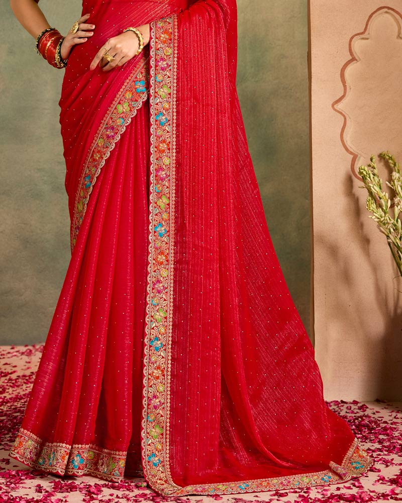 Vishal Prints Venetian Red Designer Shimmer-Chiffon Traditional Saree With Diamond Work And Fancy Embroidery Border
