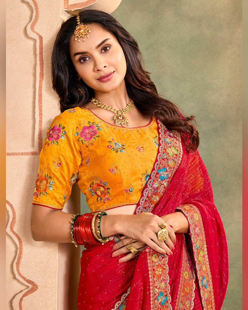 Vishal Prints Venetian Red Designer Shimmer-Chiffon Traditional Saree With Diamond Work And Fancy Embroidery Border