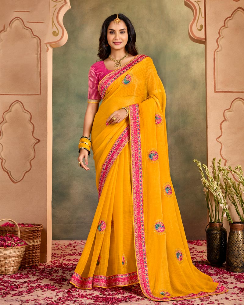 Vishal Prints Dark Yellowish Orange Designer Shimmer-Chiffon Traditional Saree With Patch And Diamond Work With Embroidery Border