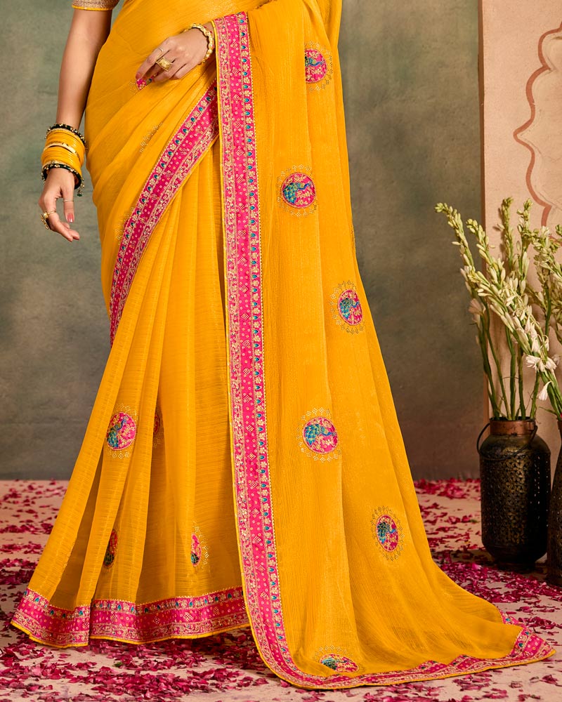 Vishal Prints Dark Yellowish Orange Designer Shimmer-Chiffon Traditional Saree With Patch And Diamond Work With Embroidery Border