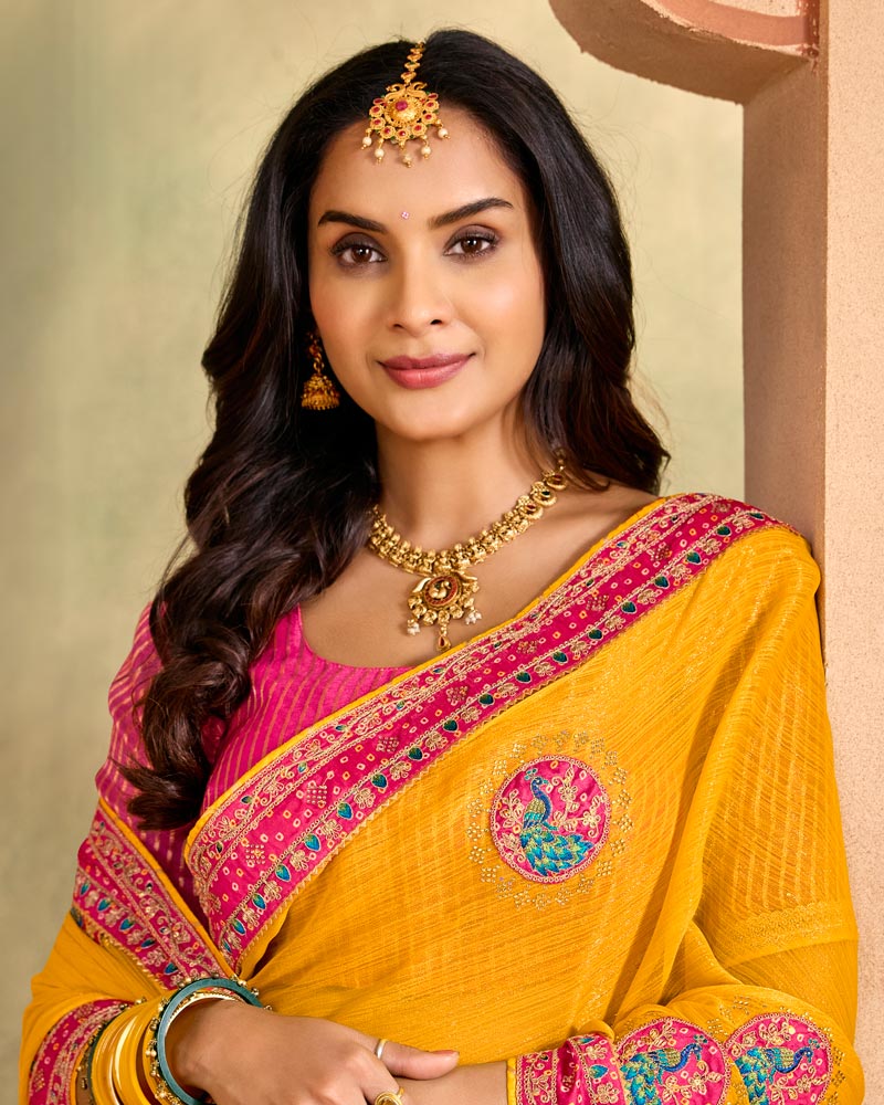 Vishal Prints Dark Yellowish Orange Designer Shimmer-Chiffon Traditional Saree With Patch And Diamond Work With Embroidery Border