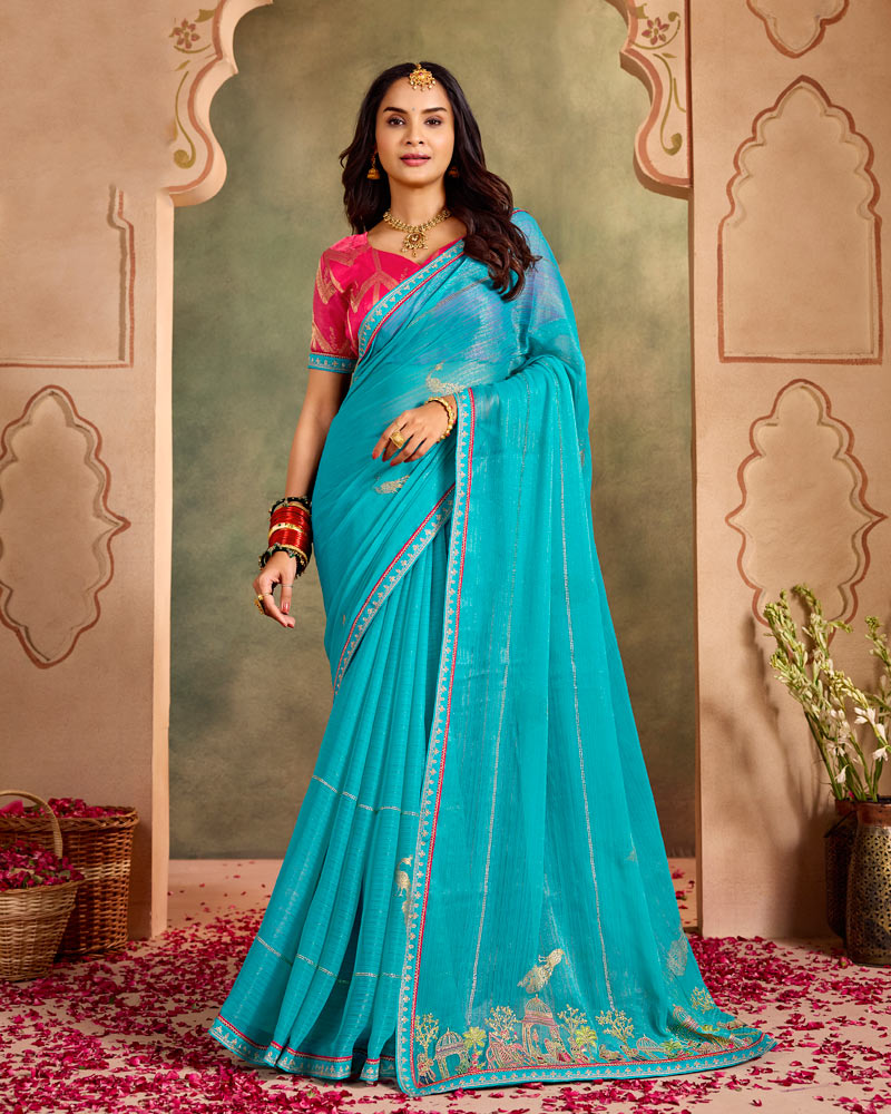 Vishal Prints Pacific Blue Designer Shimmer-Chiffon Traditional Saree With Foil Print, Embroidery-Diamond Work And Fancy Border