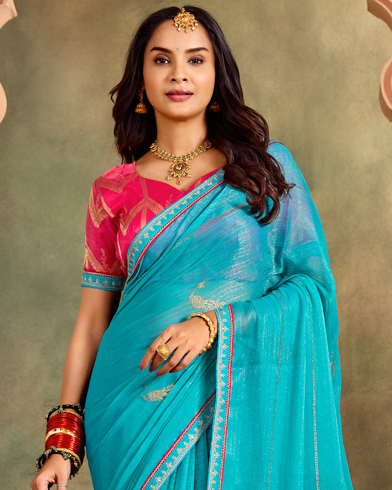 Vishal Prints Pacific Blue Designer Shimmer-Chiffon Traditional Saree With Foil Print, Embroidery-Diamond Work And Fancy Border