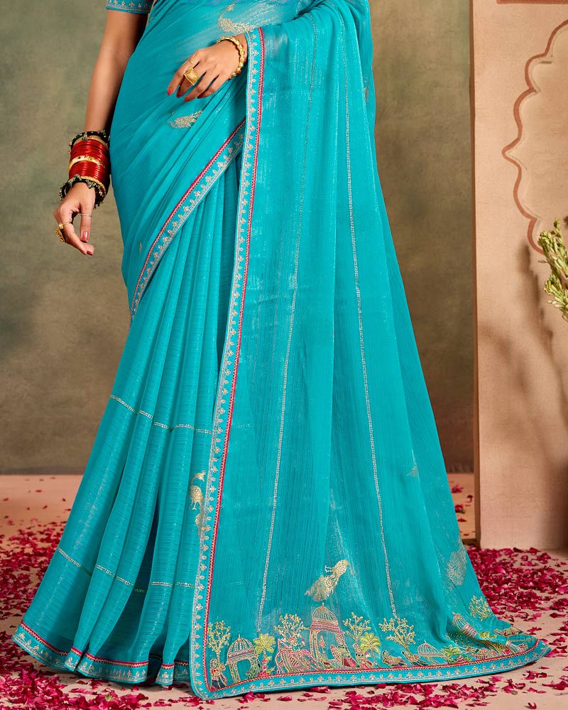 Vishal Prints Pacific Blue Designer Shimmer-Chiffon Traditional Saree With Foil Print, Embroidery-Diamond Work And Fancy Border