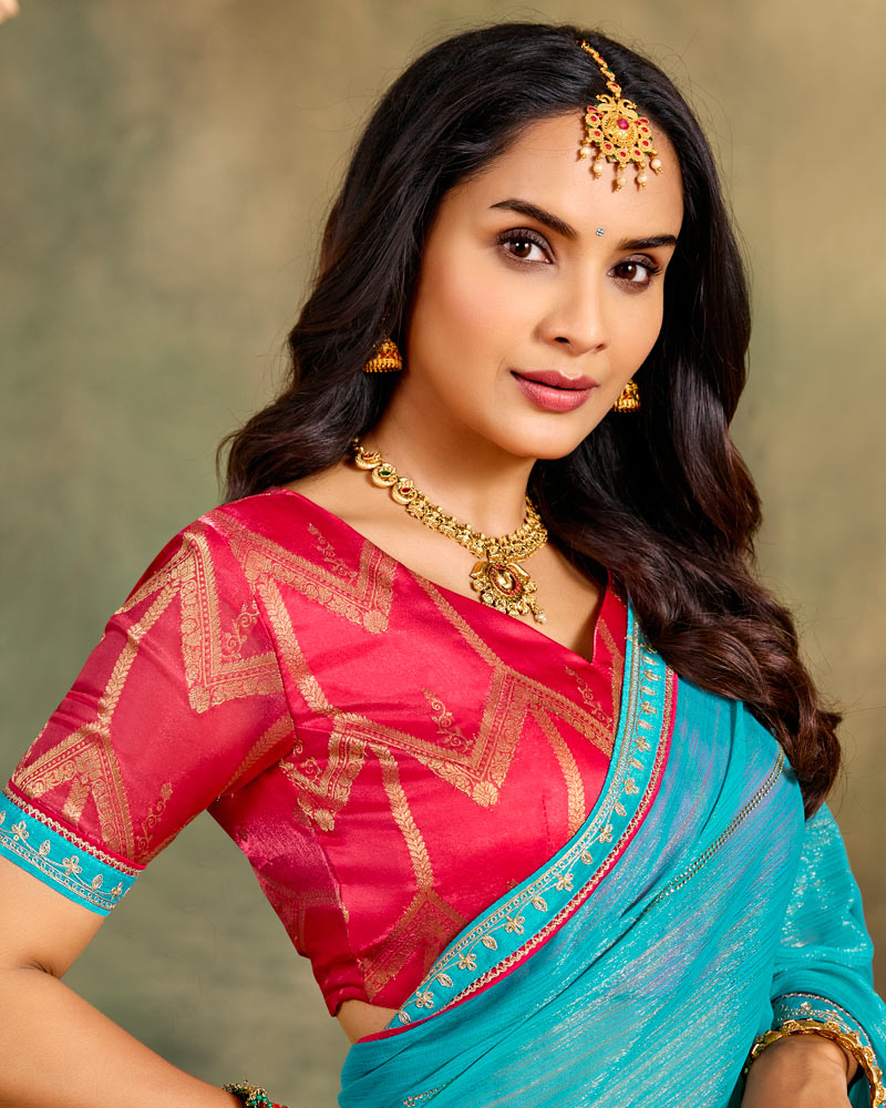 Vishal Prints Pacific Blue Designer Shimmer-Chiffon Traditional Saree With Foil Print, Embroidery-Diamond Work And Fancy Border