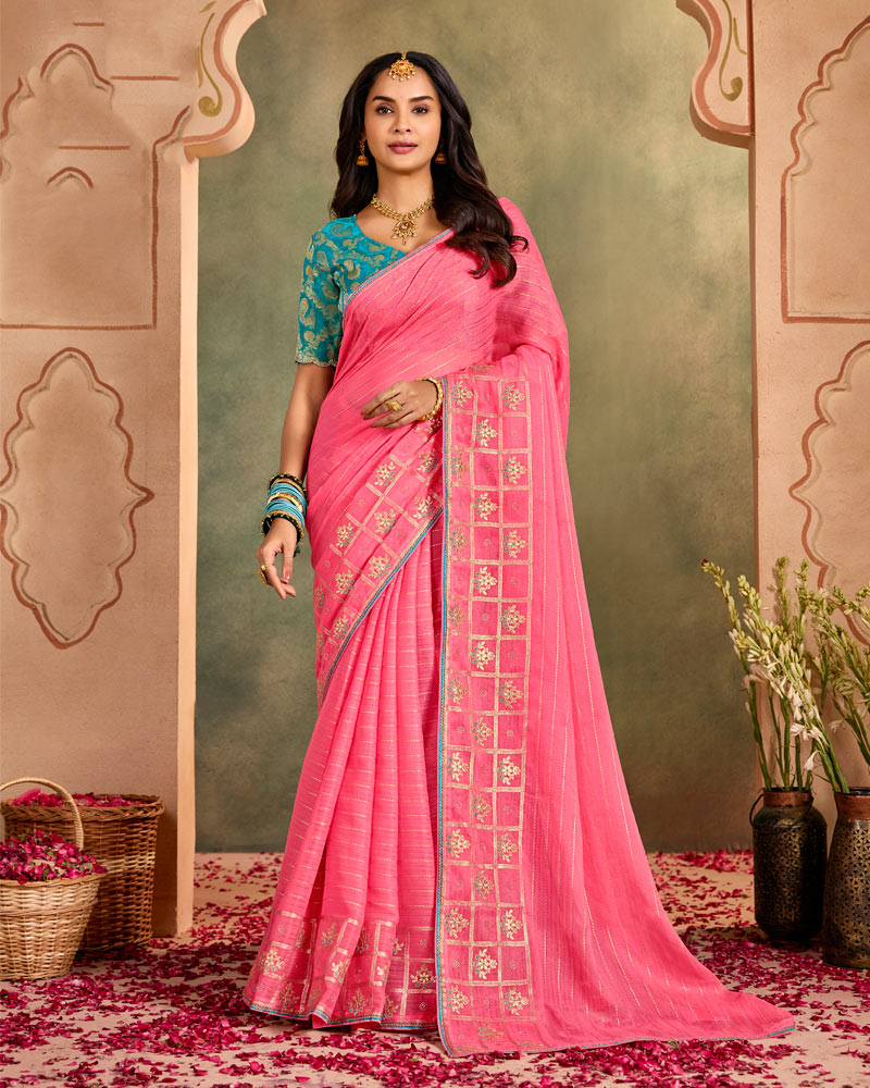 Vishal Prints Rosy Pink Designer Shimmer-Chiffon Traditional Saree With Foil Print, Embroidery-Diamond Work And Fancy Border