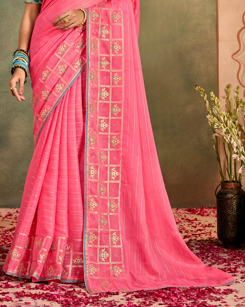 Vishal Prints Rosy Pink Designer Shimmer-Chiffon Traditional Saree With Foil Print, Embroidery-Diamond Work And Fancy Border
