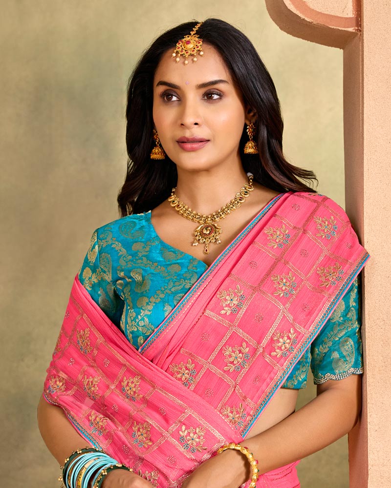 Vishal Prints Rosy Pink Designer Shimmer-Chiffon Traditional Saree With Foil Print, Embroidery-Diamond Work And Fancy Border