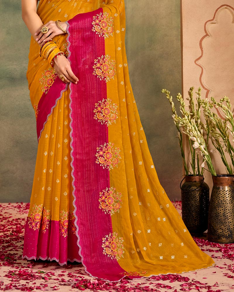 Vishal Prints Dark Dusty Orange Designer Shimmer-Chiffon Traditional Saree With Foil Print, Embroidery-Diamond Work And Cut Work Border