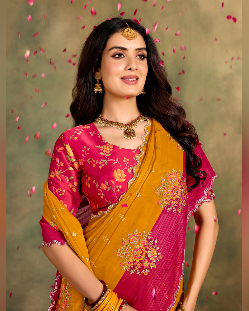 Vishal Prints Dark Dusty Orange Designer Shimmer-Chiffon Traditional Saree With Foil Print, Embroidery-Diamond Work And Cut Work Border