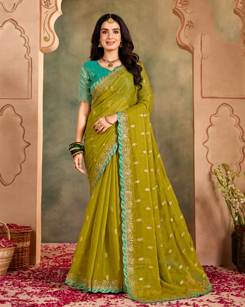 Vishal Prints Dark Olive Yellow Designer Shimmer-Chiffon Traditional Saree With Foil Print, Embroidery-Diamond Work And Cut Work Border