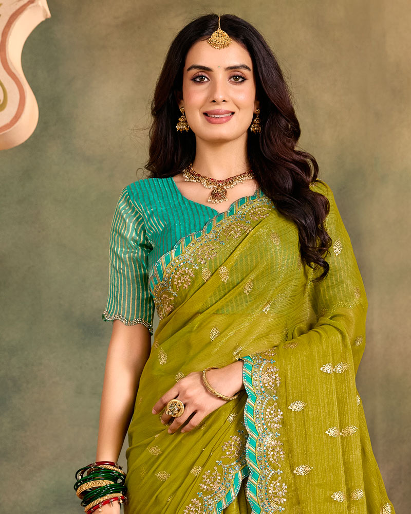 Vishal Prints Dark Olive Yellow Designer Shimmer-Chiffon Traditional Saree With Foil Print, Embroidery-Diamond Work And Cut Work Border