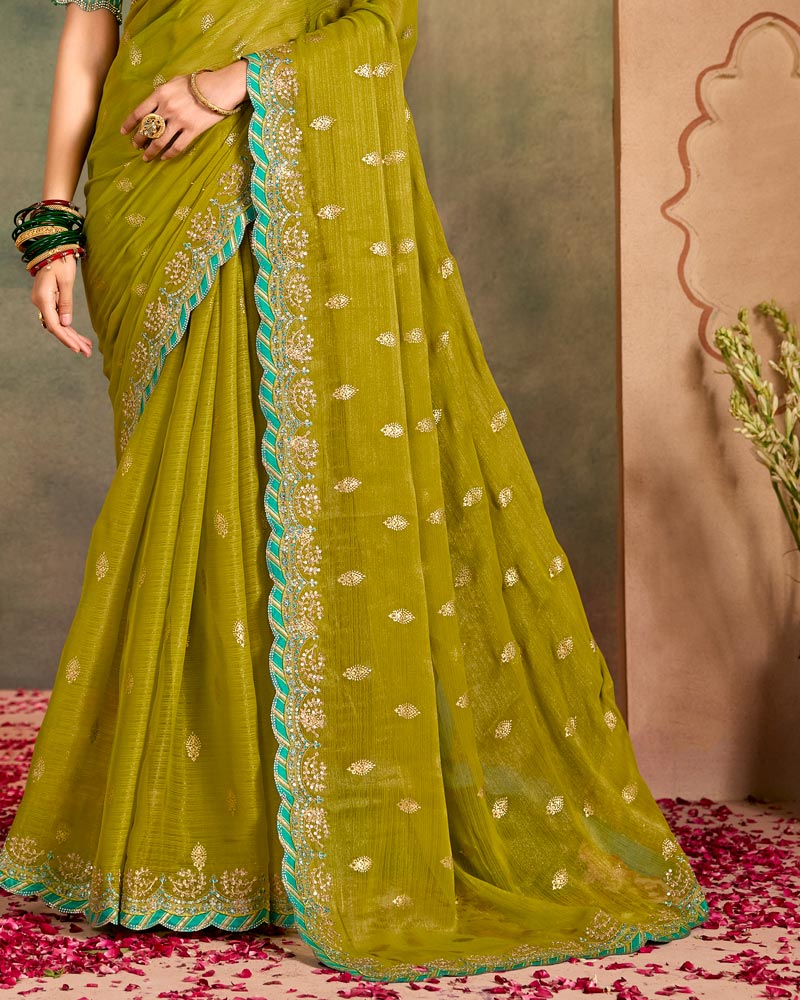 Vishal Prints Dark Olive Yellow Designer Shimmer-Chiffon Traditional Saree With Foil Print, Embroidery-Diamond Work And Cut Work Border