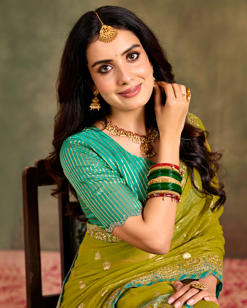 Vishal Prints Dark Olive Yellow Designer Shimmer-Chiffon Traditional Saree With Foil Print, Embroidery-Diamond Work And Cut Work Border