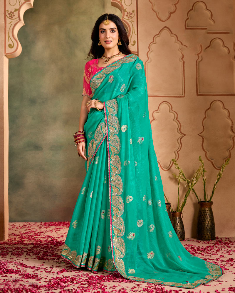Vishal Prints Dark Turquoise Green Designer Shimmer-Chiffon Traditional Saree With Foil Print, Embroidery-Mirror Work And Gota Patti Border