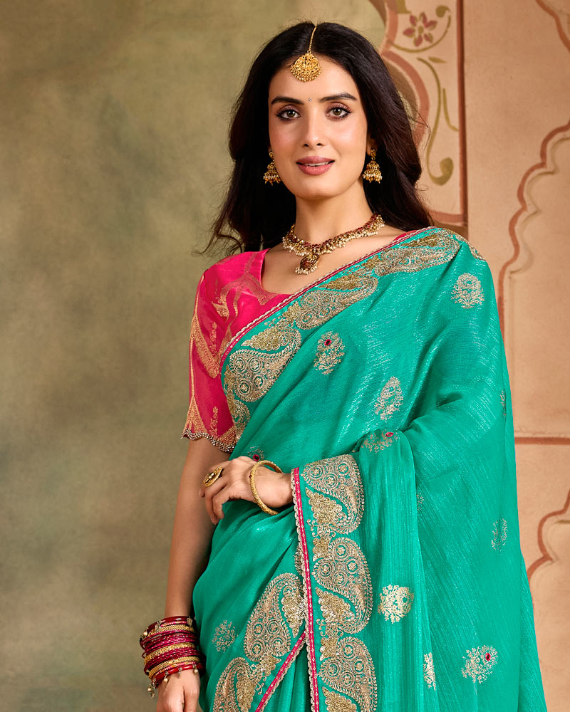 Vishal Prints Dark Turquoise Green Designer Shimmer-Chiffon Traditional Saree With Foil Print, Embroidery-Mirror Work And Gota Patti Border