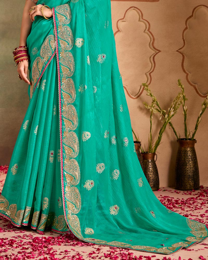 Vishal Prints Dark Turquoise Green Designer Shimmer-Chiffon Traditional Saree With Foil Print, Embroidery-Mirror Work And Gota Patti Border