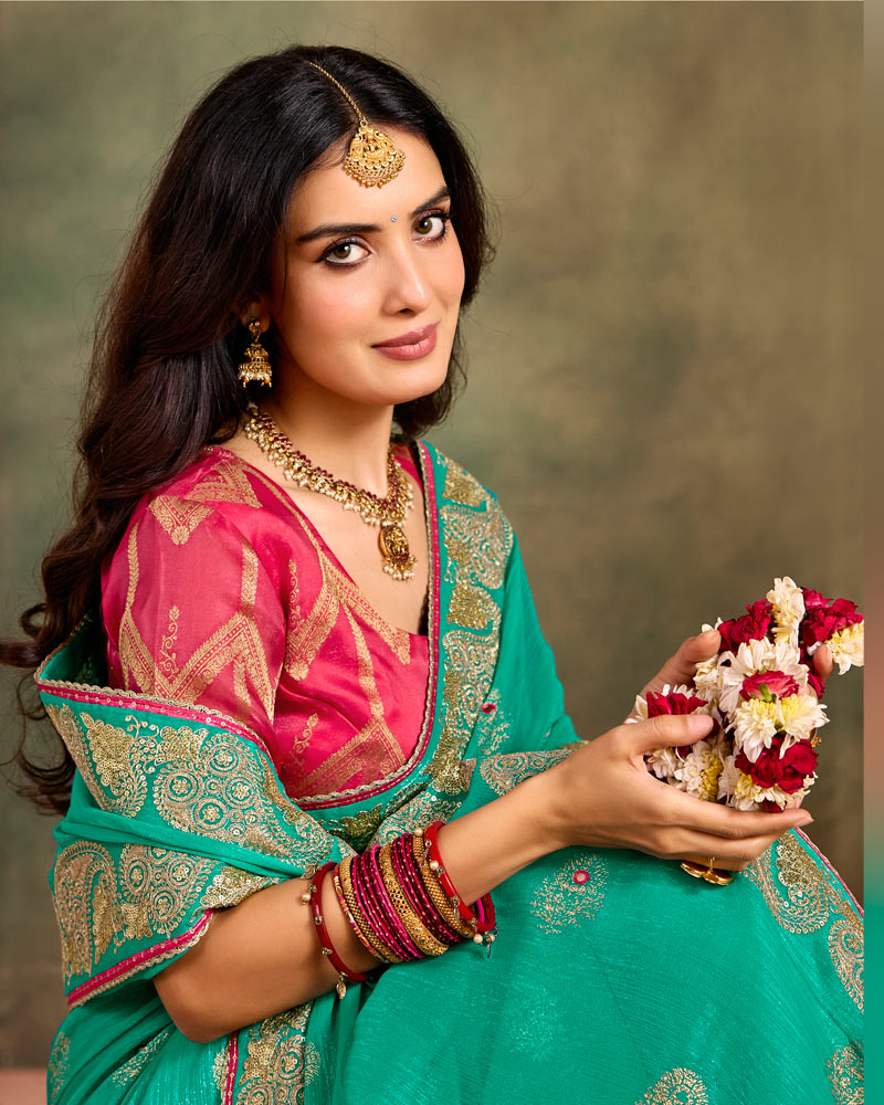 Vishal Prints Dark Turquoise Green Designer Shimmer-Chiffon Traditional Saree With Foil Print, Embroidery-Mirror Work And Gota Patti Border