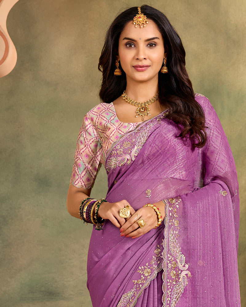 Vishal Prints Dark Lilac Designer Shimmer-Chiffon Traditional Saree With Embroidery-Diamond Work And Cut Work Border