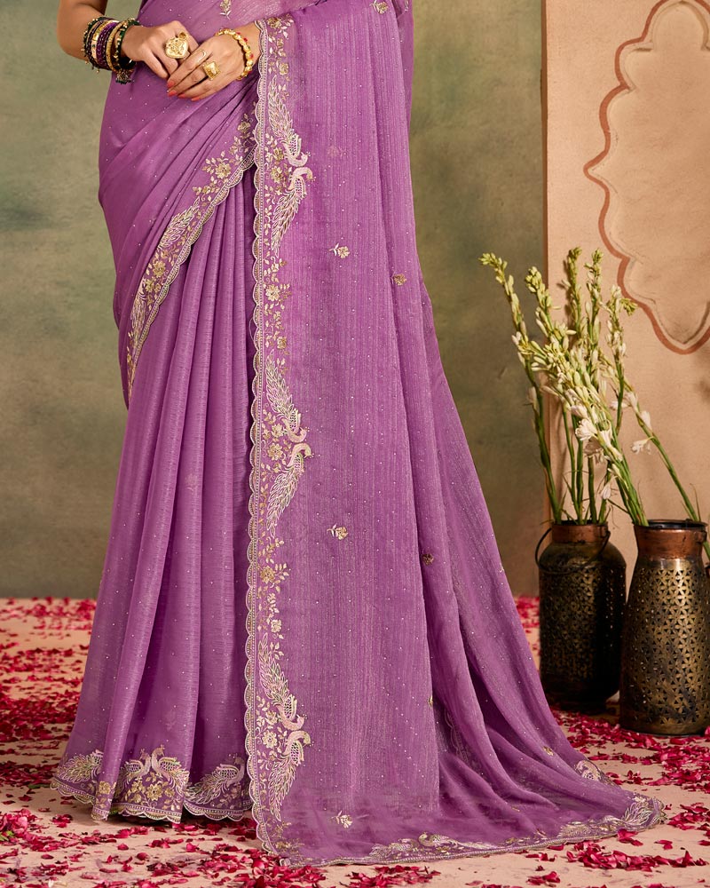 Vishal Prints Dark Lilac Designer Shimmer-Chiffon Traditional Saree With Embroidery-Diamond Work And Cut Work Border
