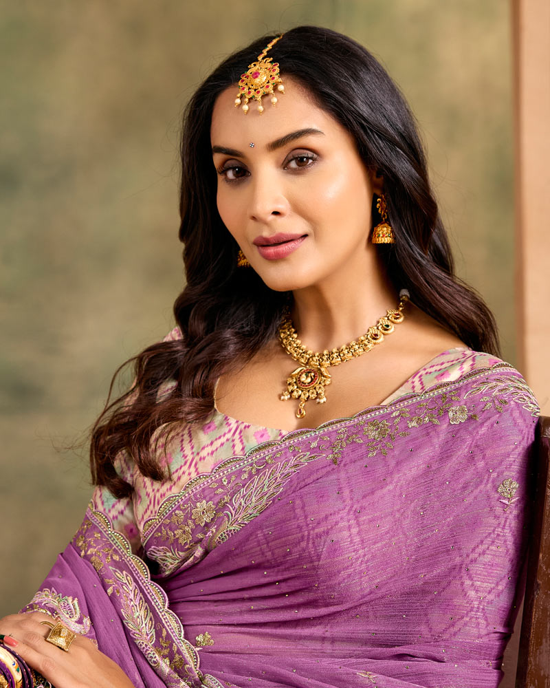 Vishal Prints Dark Lilac Designer Shimmer-Chiffon Traditional Saree With Embroidery-Diamond Work And Cut Work Border