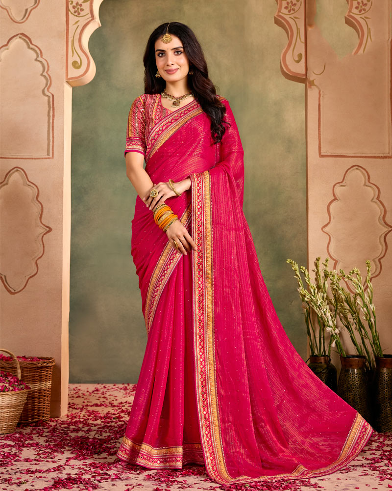 Vishal Prints Dark Red Pink Designer Shimmer-Chiffon Traditional Saree With Diamond Work And Fancy Embroidery Border