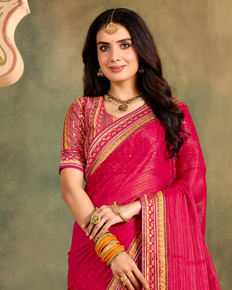 Vishal Prints Dark Red Pink Designer Shimmer-Chiffon Traditional Saree With Diamond Work And Fancy Embroidery Border