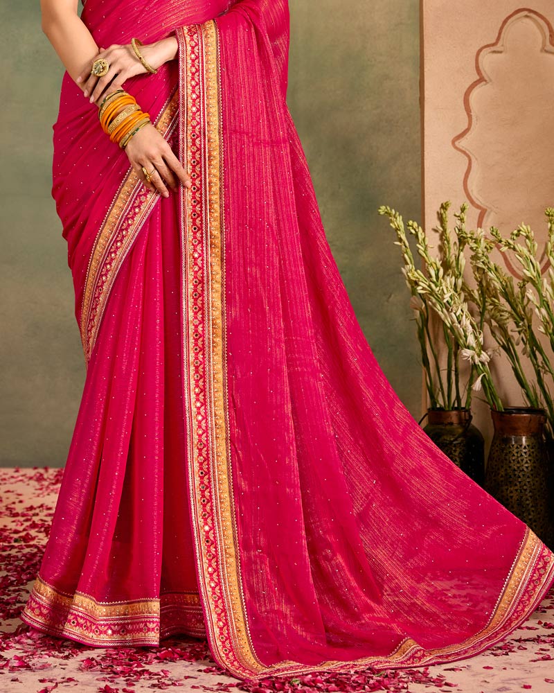 Vishal Prints Dark Red Pink Designer Shimmer-Chiffon Traditional Saree With Diamond Work And Fancy Embroidery Border